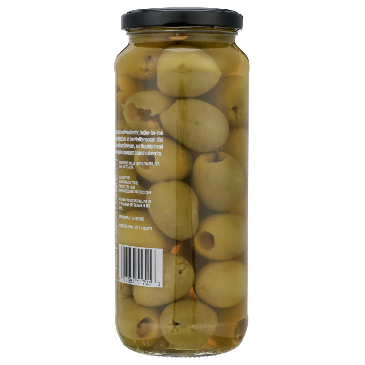 Mario Camacho Foods pitted queen olives in pantry storage for quick recipes.