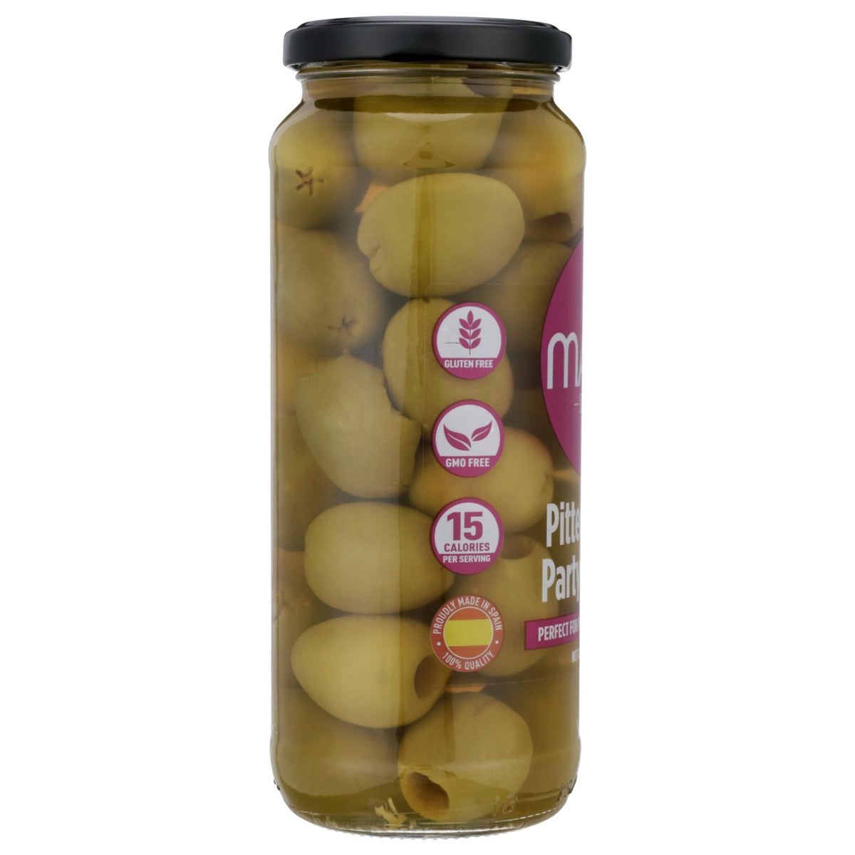 Mario Camacho Foods pitted queen olives tin label visible signaling premium quality.