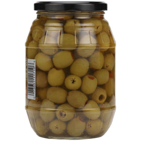 Close-up of Mario Camacho pimiento-stuffed green manzanilla olives bottle.