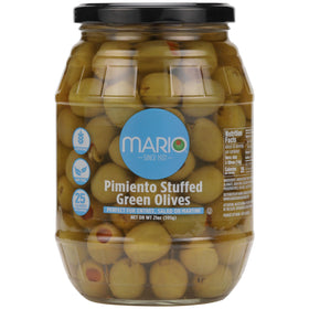 Mario Camacho pimiento-stuffed green manzanilla olives in a jar, ideal for gluten-free tapas.