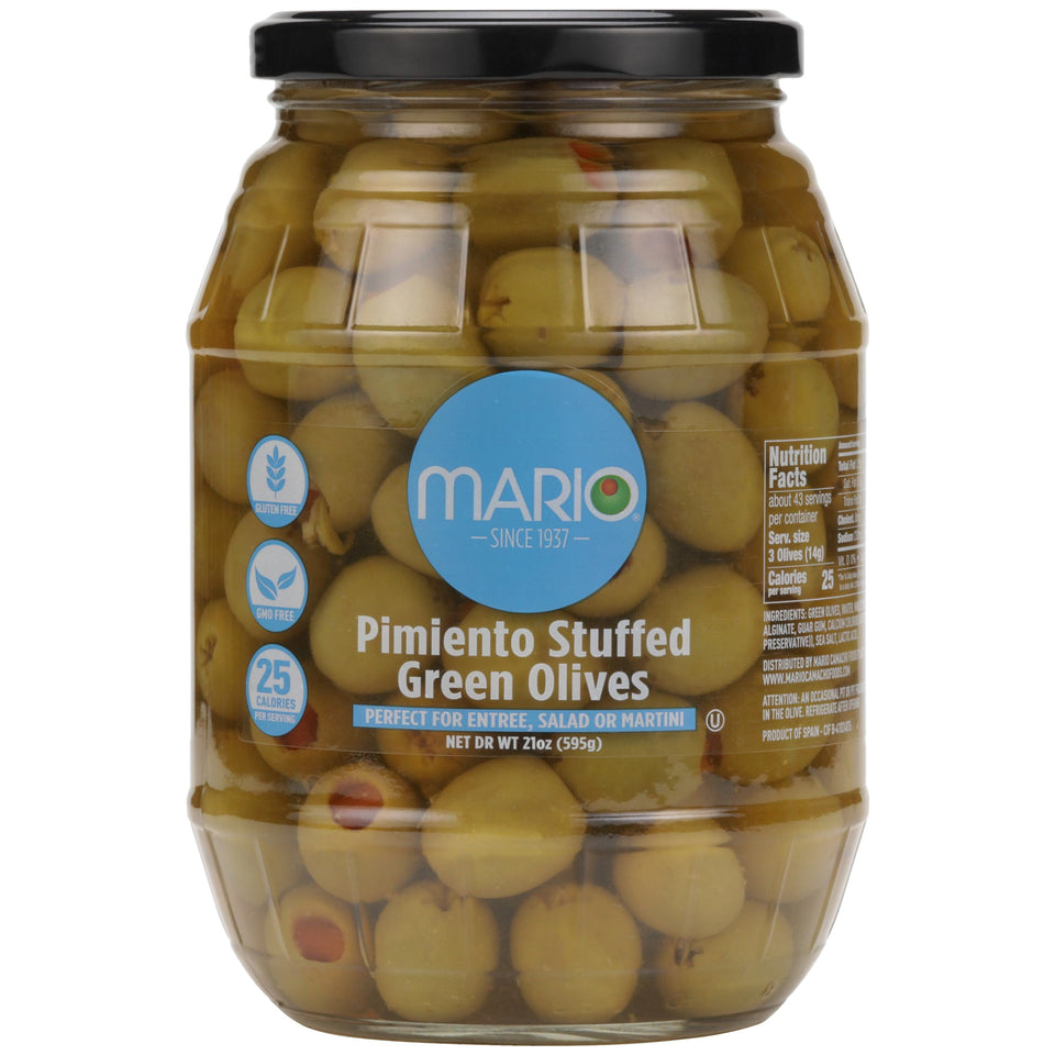 Mario Camacho pimiento-stuffed green manzanilla olives in a jar, ideal for gluten-free tapas.