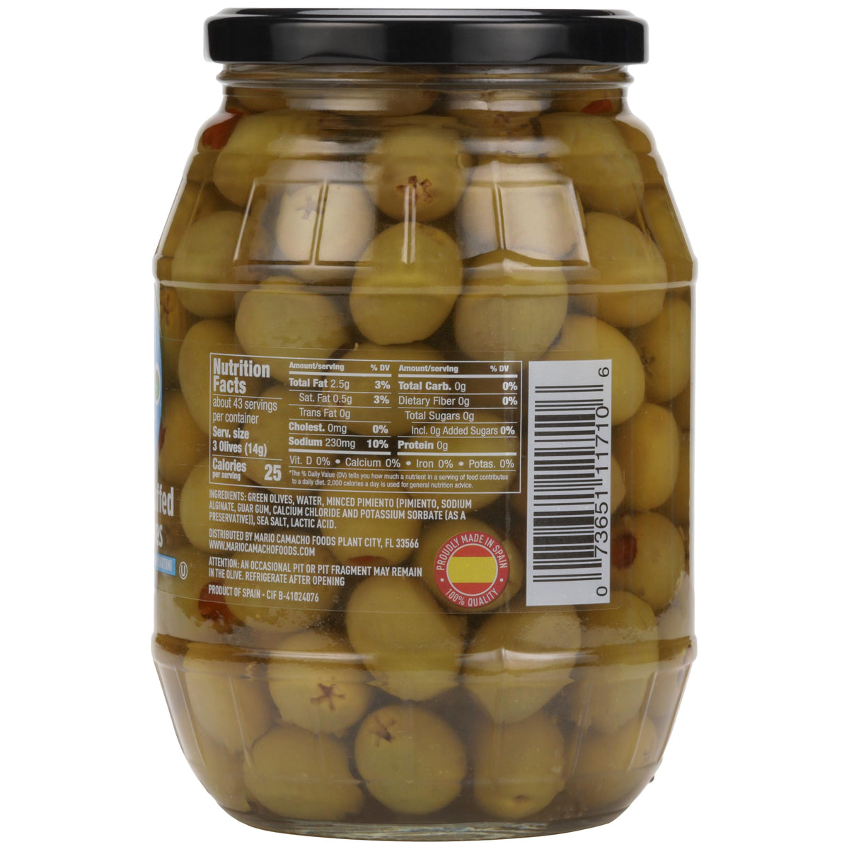 Mario Camacho pimiento-stuffed green manzanilla olives presented on tapas tray.