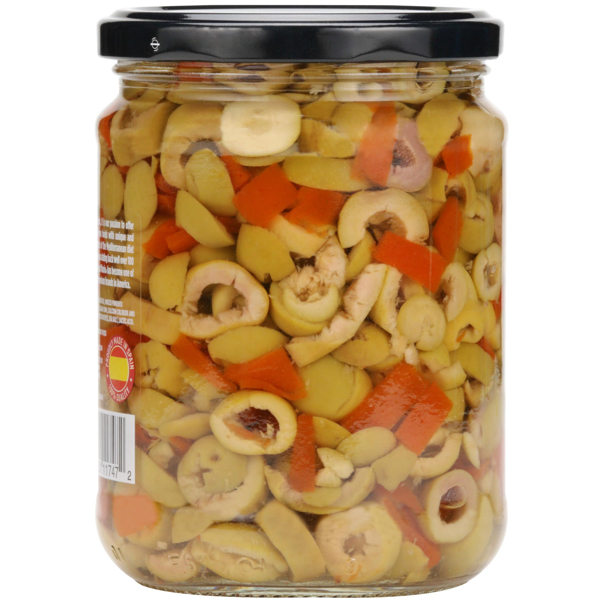 Mario Camacho olives jar with label highlighting kosher and non-GMO.