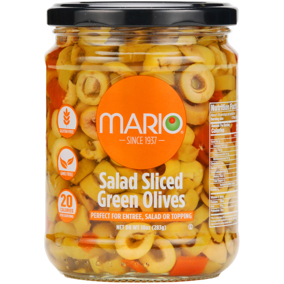 Mario Camacho sliced Manzanilla olives jar on shelf, ideal for salads.