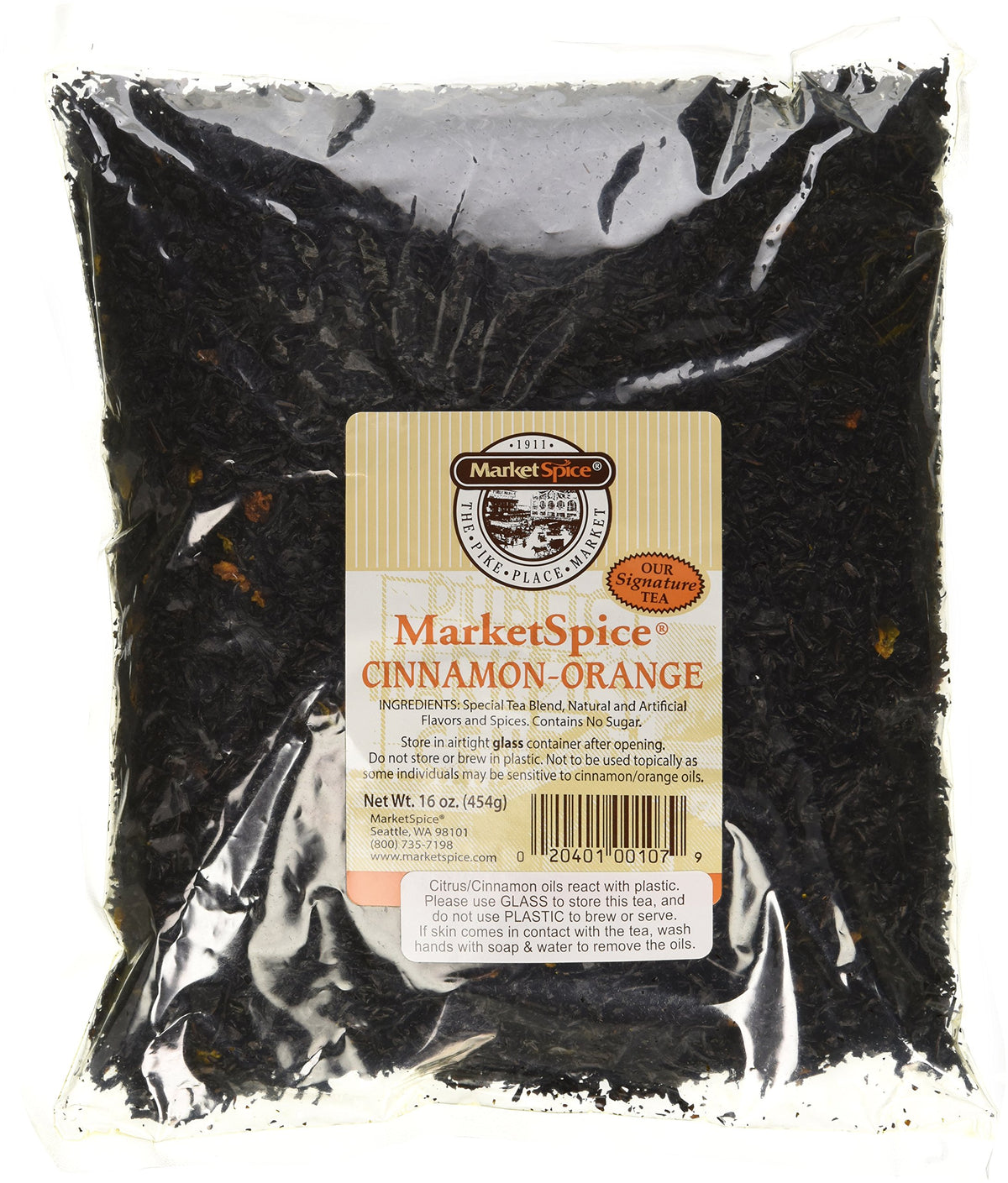 MarketSpice Cinnamon Orange Tea in a glass jar preserves freshness and rich aroma.