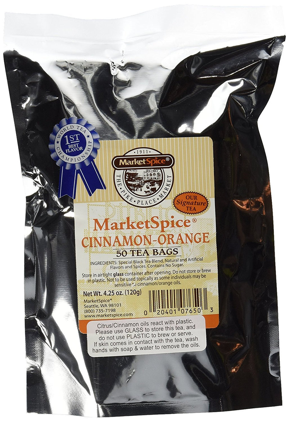 MarketSpice cinnamon-orange teabags pack on shelf, ideal for a comforting morning ritual.