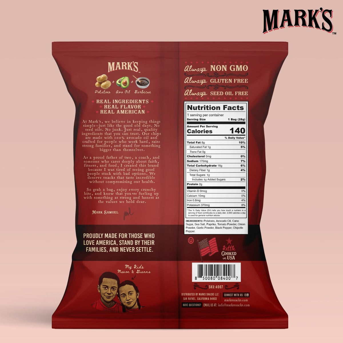 Mark's avocado-oil kettle chips close-up highlighting smoky barbecue flavor.
