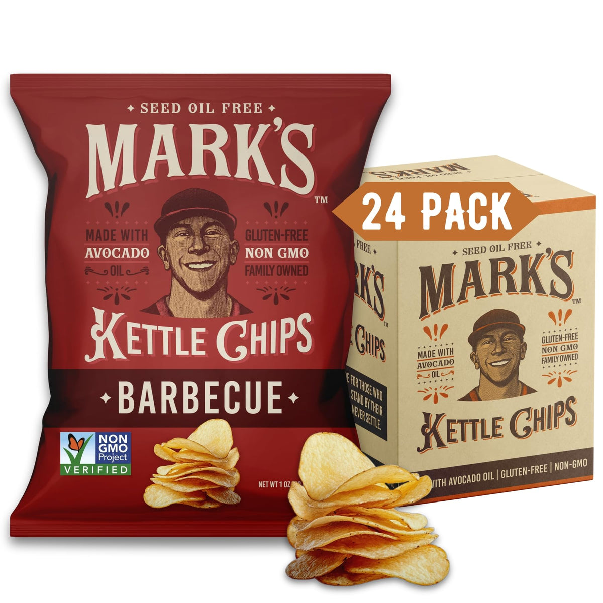 Mark's avocado-oil potato chips BBQ pack with crispy, savory snacking appeal.