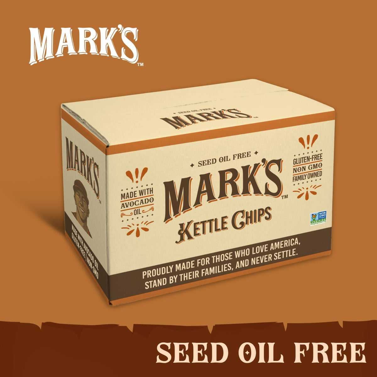 Mark's avocado oil chips being poured suggests clean cooking fats.