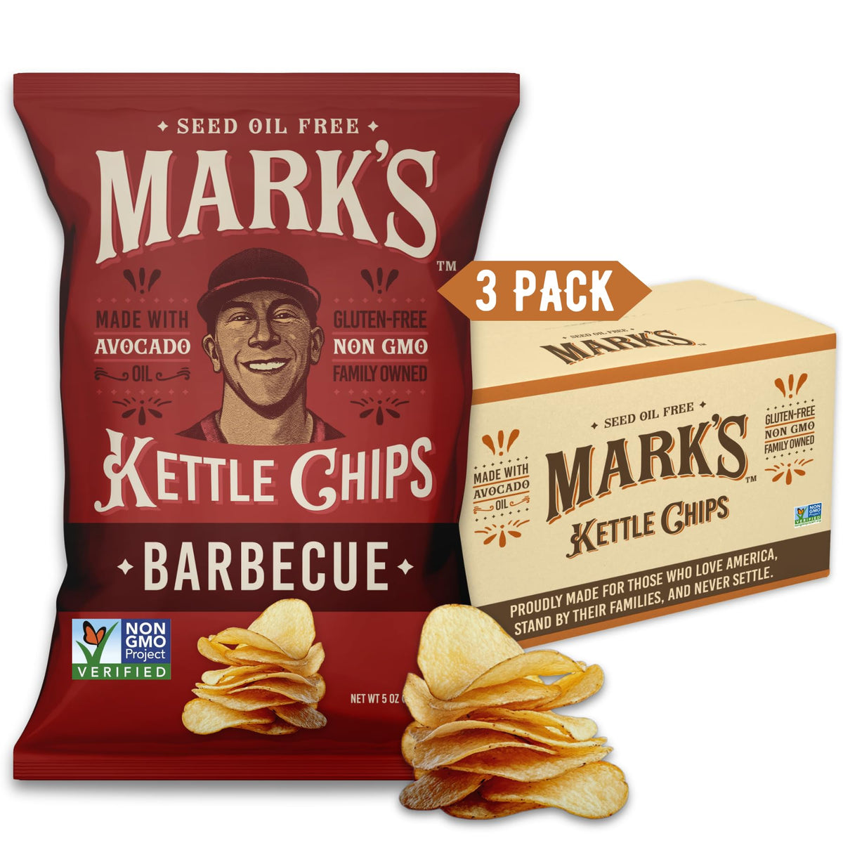 MARK’S BBQ kettle chips in a bag with avocado oil crunch, ideal for on-the-go snacking.