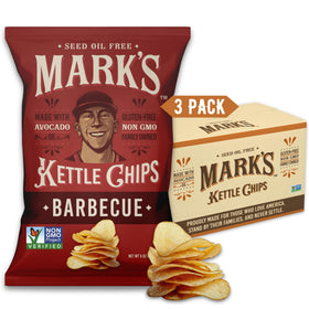 MARK’S BBQ kettle chips in a bag with avocado oil crunch, ideal for on-the-go snacking.