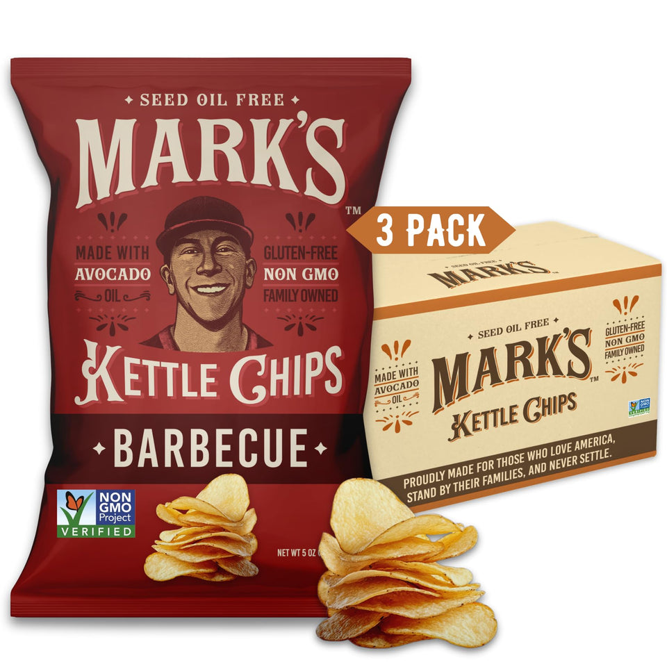 MARK’S BBQ kettle chips in a bag with avocado oil crunch, ideal for on-the-go snacking.