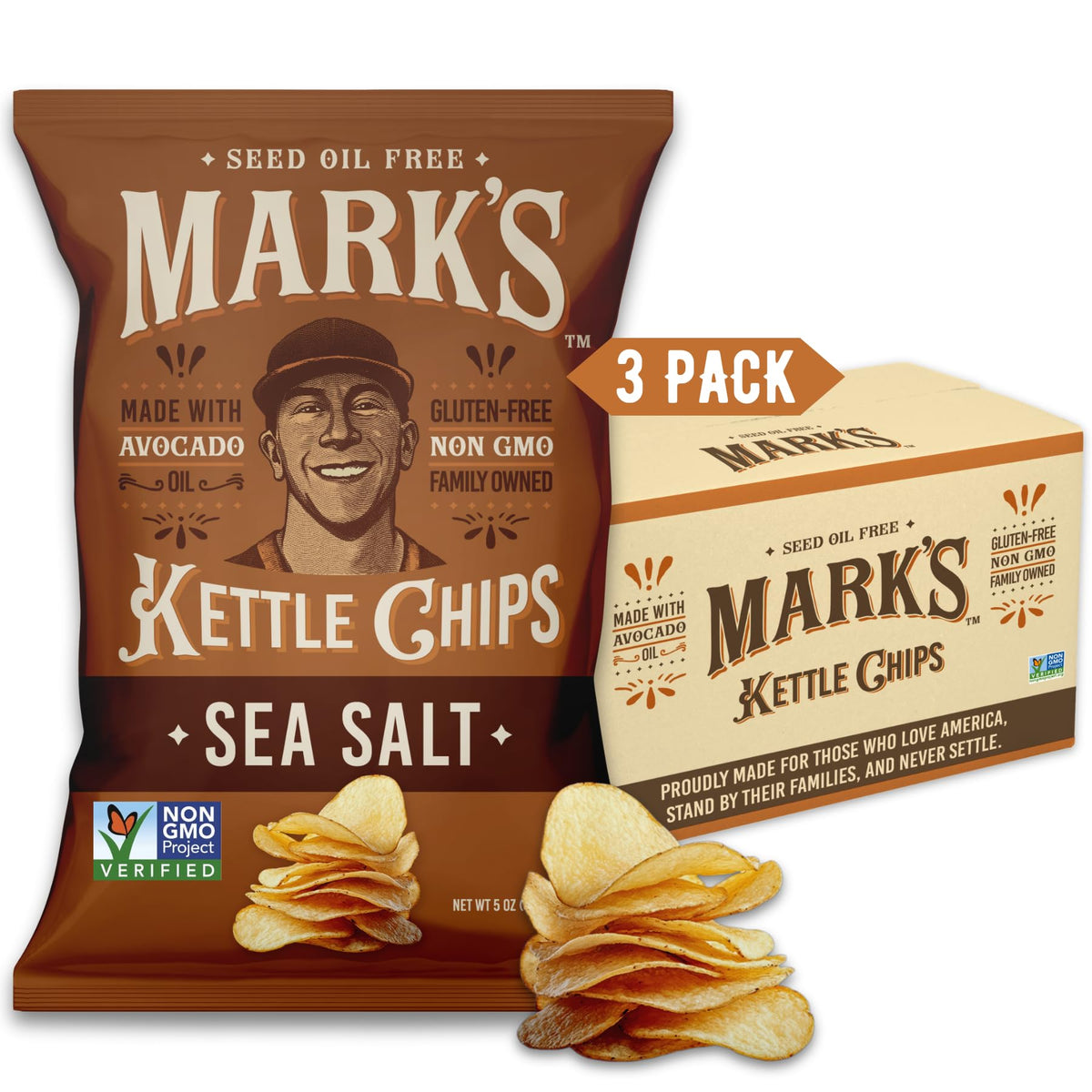 Mark's kettle-cooked avocado oil chips with sea salt in bag, gluten-free snacking option.