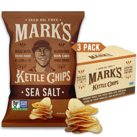 Mark's kettle-cooked avocado oil chips with sea salt in bag, gluten-free snacking option.