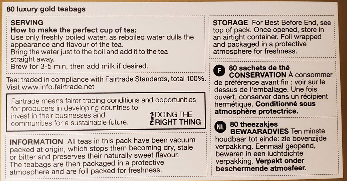 Marks & Spencer Luxury Gold tea bags vacuum-sealed pouch preserves freshness