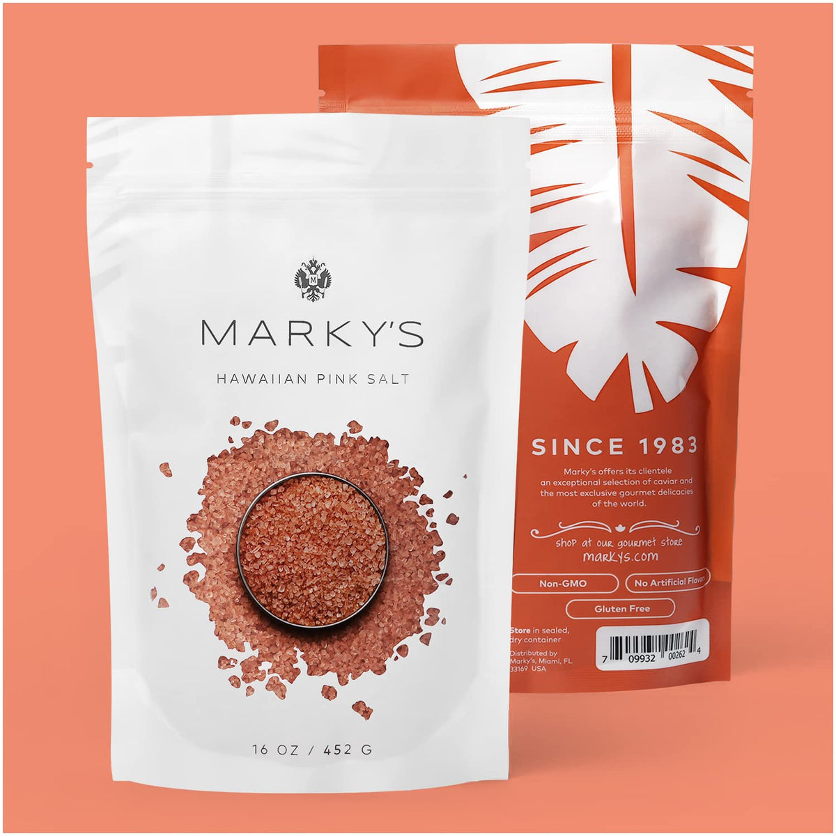 MARKY'S Hawaiian Pink Sea Salt bottle shows coarse crystals for refined finishing.