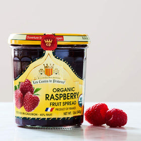 MARKY'S Raspberry Jam Spread ingredients closeup showing organic raspberries and cane sugar for pantry use