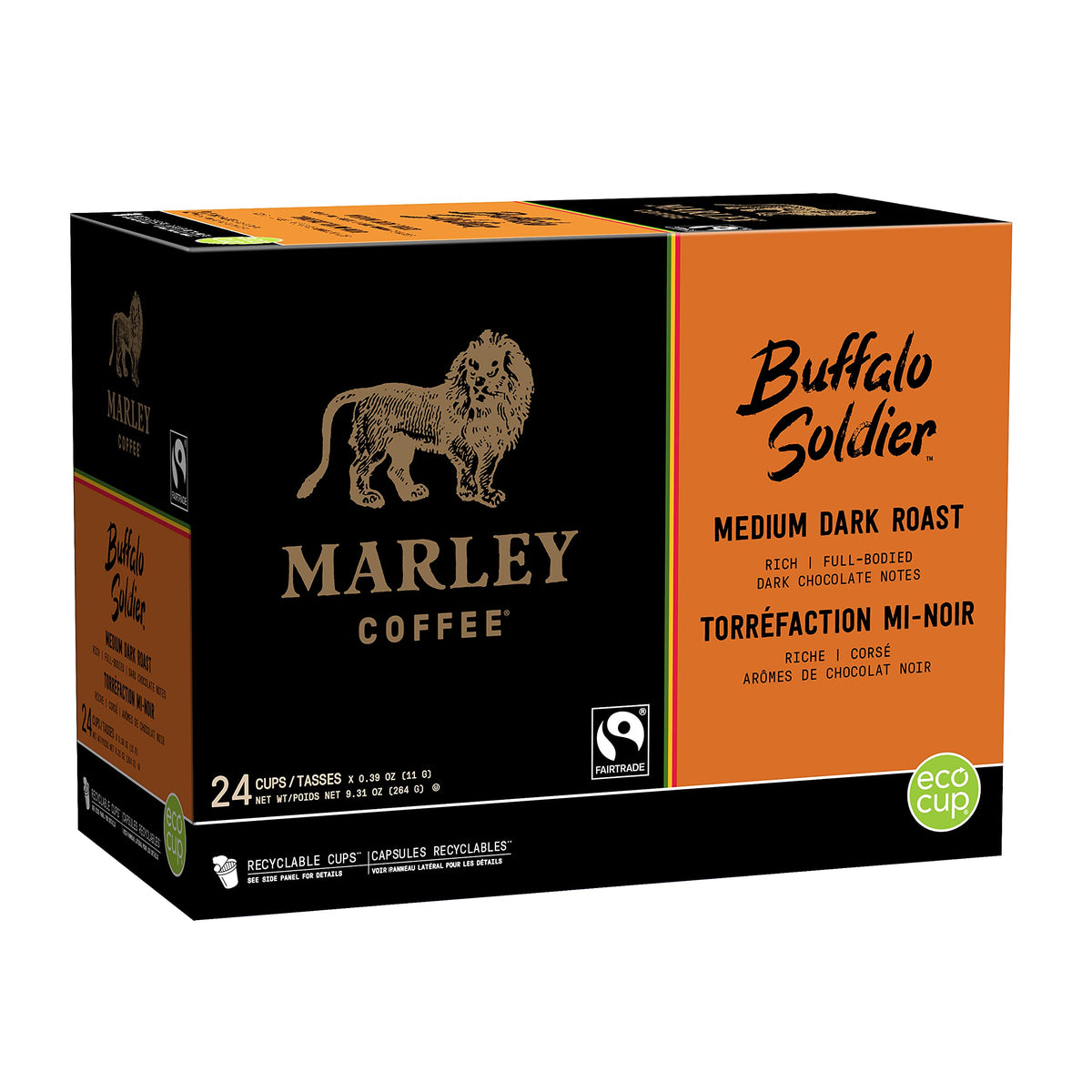 Box of Marley Coffee Buffalo Soldier 24-count designed for daily use.