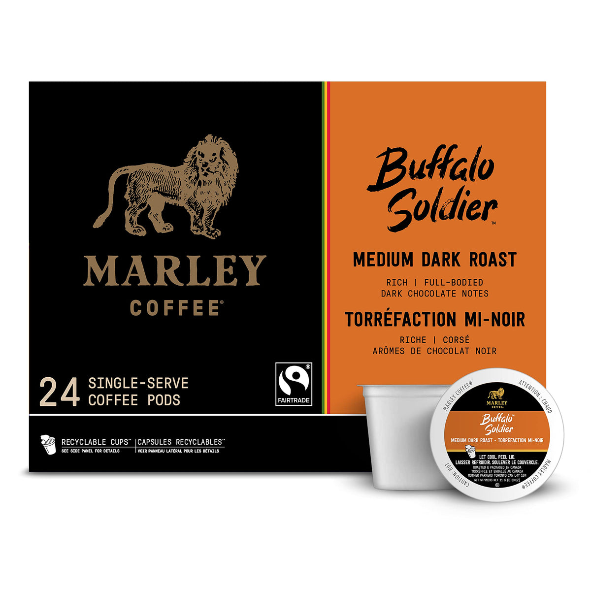 Marley Coffee Buffalo Soldier packaging highlighting recyclable design for eco-friendly use.