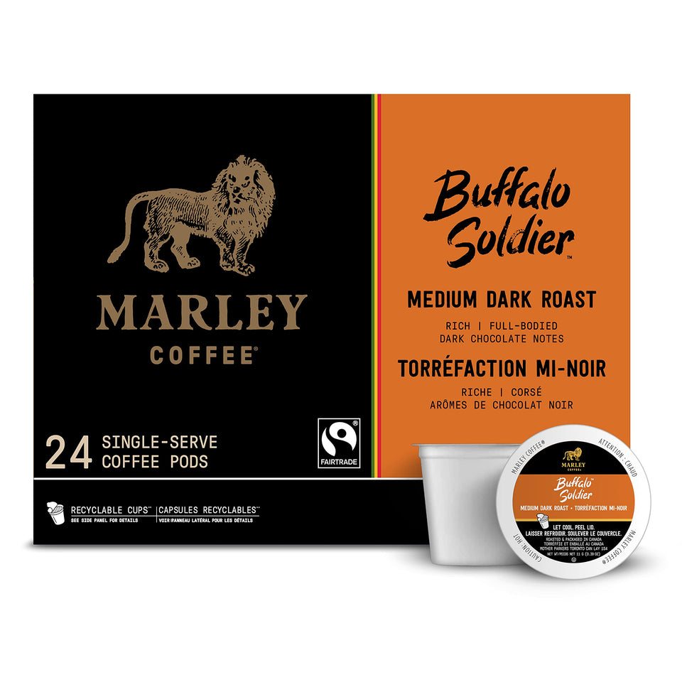 Marley Coffee Buffalo Soldier packaging highlighting recyclable design for eco-friendly use.