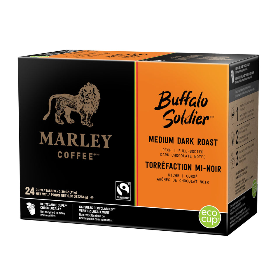 Marley Coffee Buffalo Soldier pod on counter for a quick, full-bodied cup.