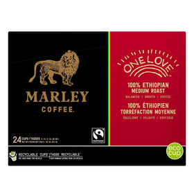 Pouring steaming Marley Coffee One Love RealCup highlights floral berry notes.