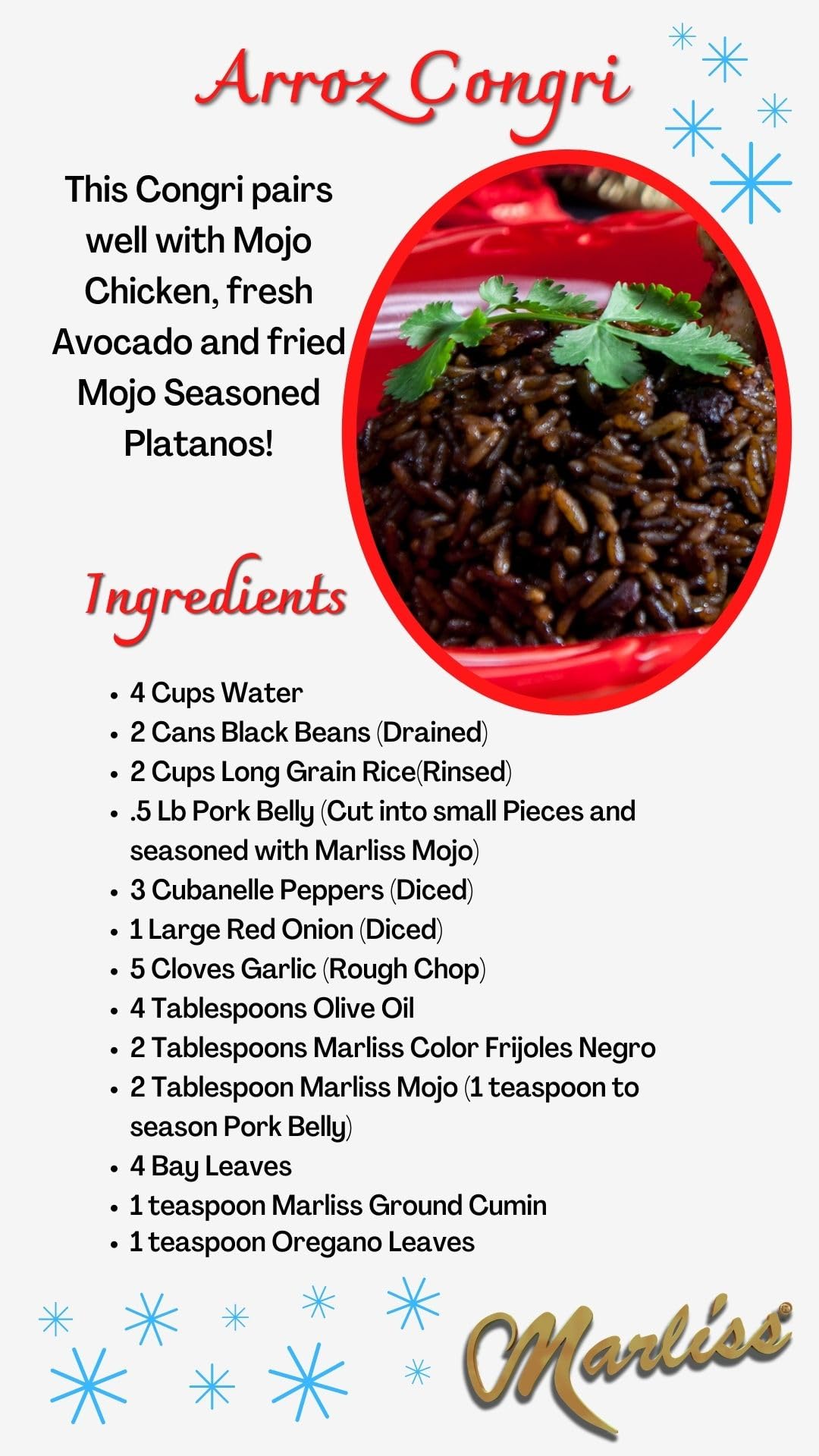 Marliss Black Bean Color enhances Cuban beans and rice visual appeal.