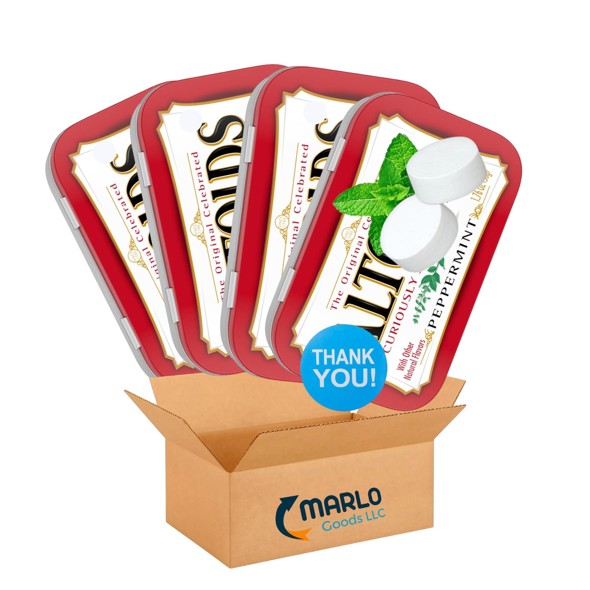 Marlo Goods Curiously Strong Peppermint Mints in tin packaging for on-the-go freshness.