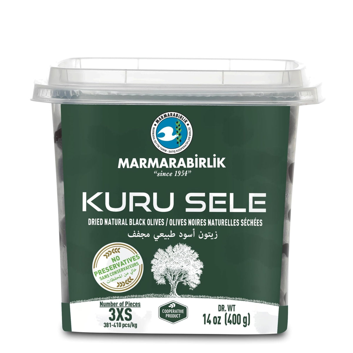 Marmarabirlik black olives in a jar, ideal for salads and mezze.