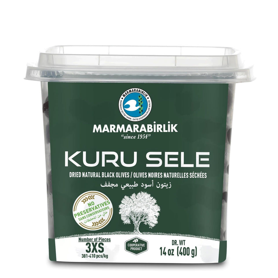 Marmarabirlik black olives in a jar, ideal for salads and mezze.