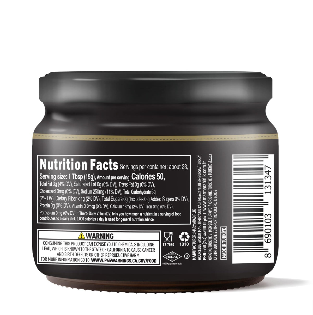 Marmarabirlik Black Olives Spread jar closeup, smooth texture from carefully selected olives