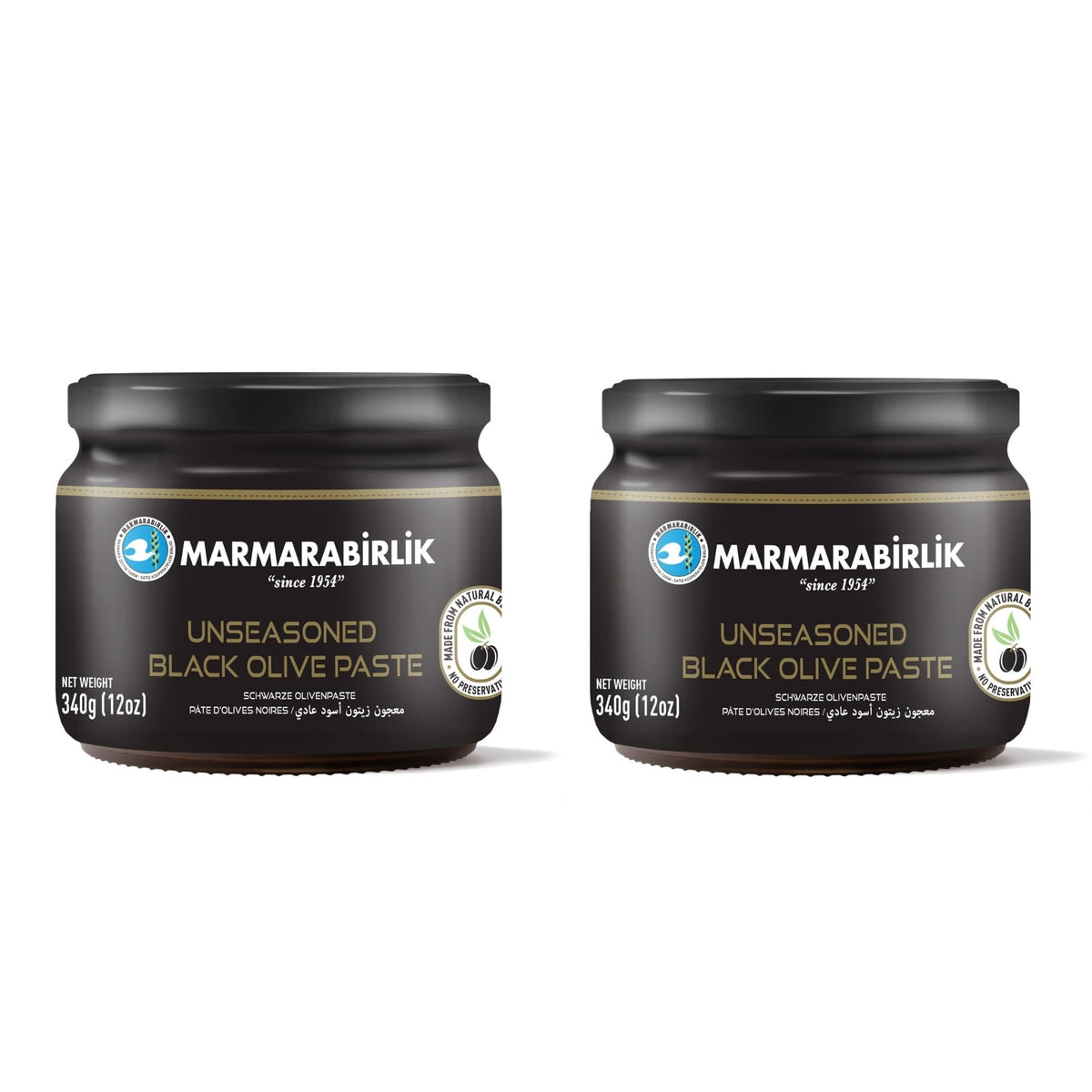 Marmarabirlik Black Olives Spread jar front view, premium Turkish olive paste for authentic Mediterranean flavor