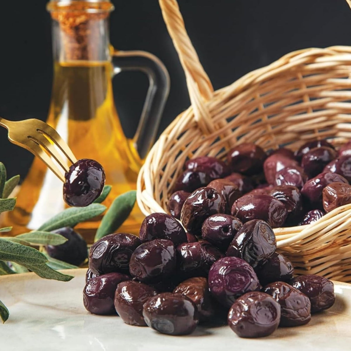 Marmarabirlik olives on a serving plate for mezze and snacks.
