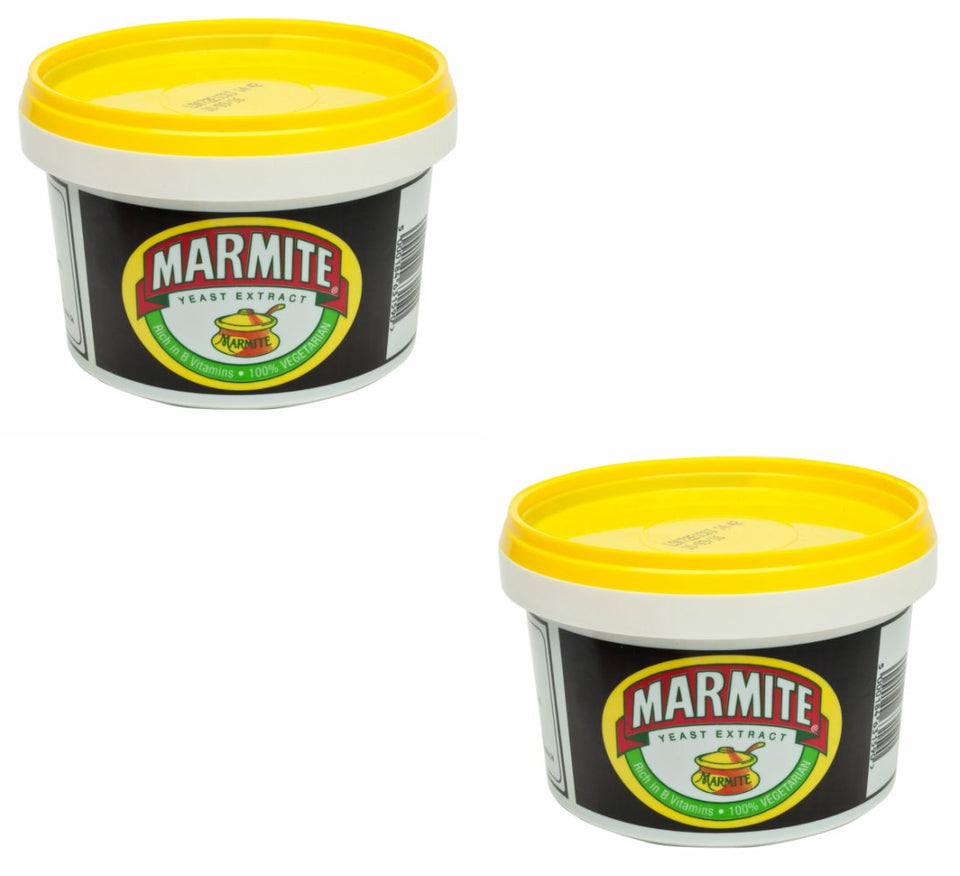 Marmite 600g tub pack of 2 on pantry shelf, ideal for quick breakfasts and savory meals.