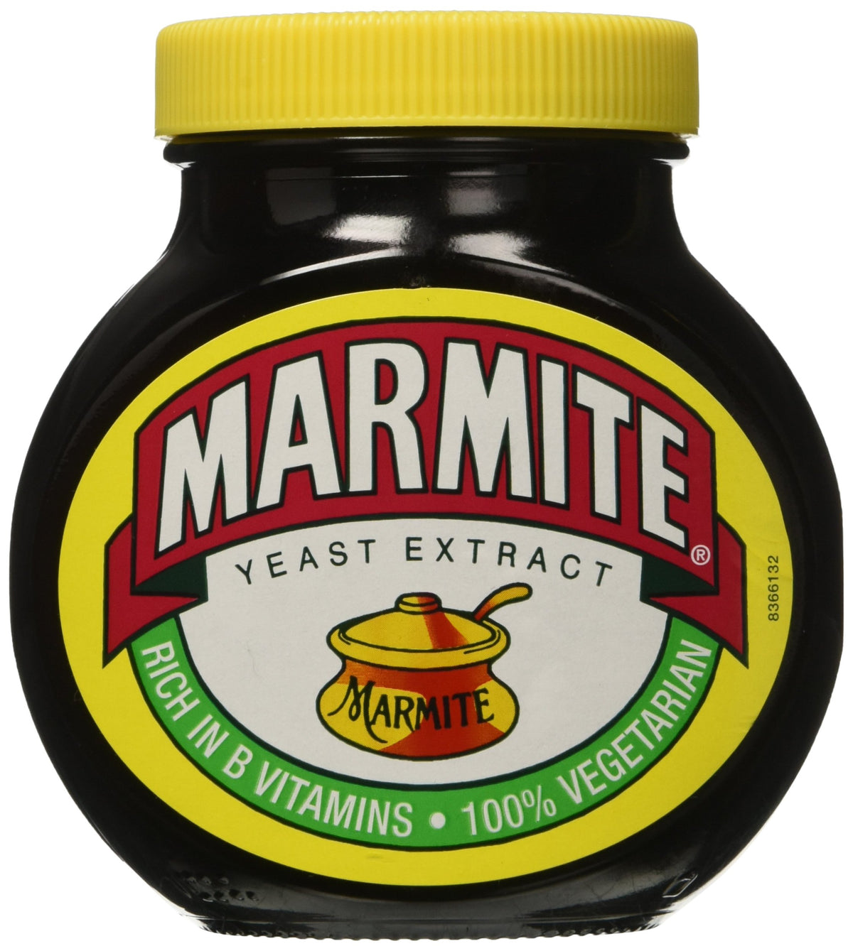 Marmite Yeast Extract bottle pouring, savory umami enhancer for toast and snacks.