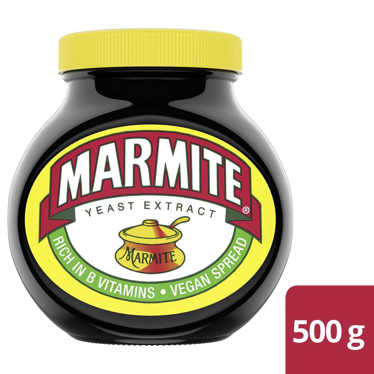 Box front showing Marmite 500 g pack for quick kitchen selection