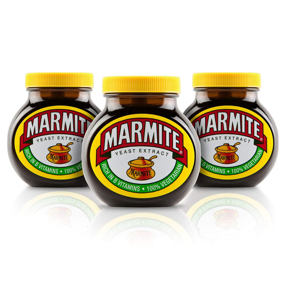 Marmite yeast extract paste label on a 3-pack for easy pantry recognition
