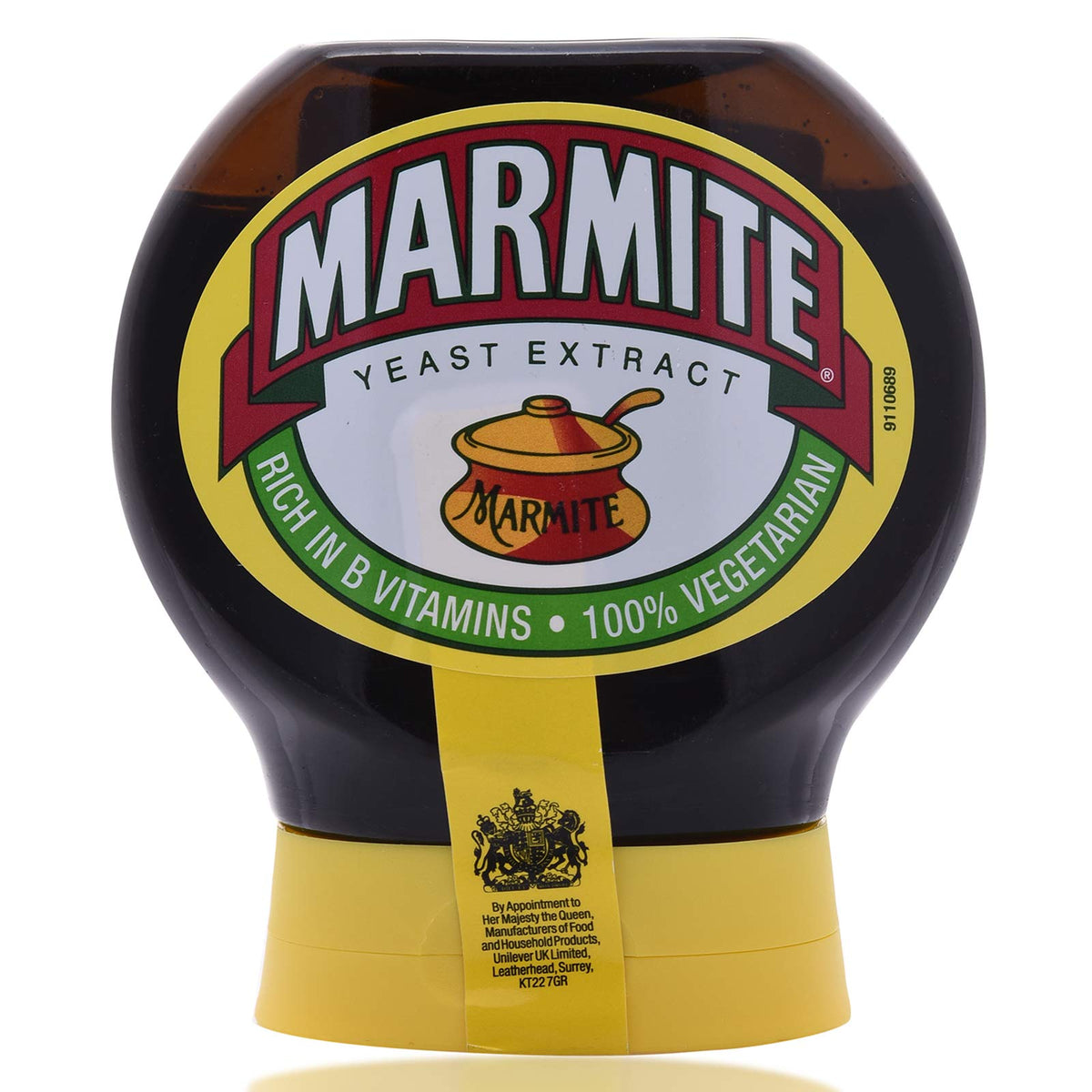 Marmite Yeast Extract Squeezy 200g jar front view, ideal pantry staple.