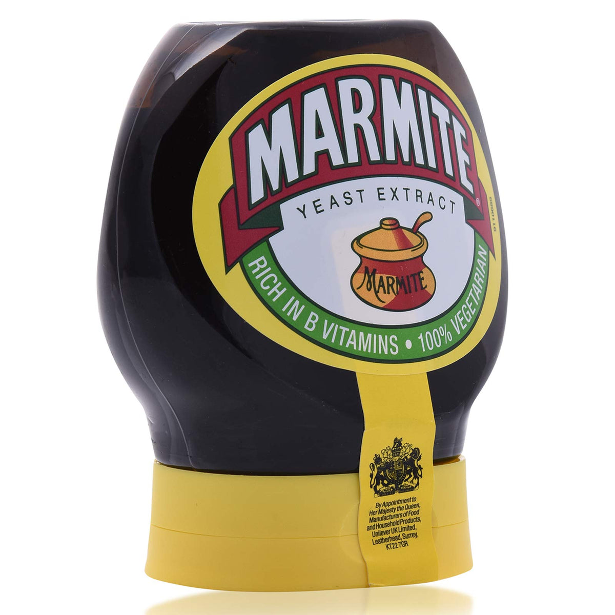 Marmite Yeast Extract Squeezy 200g label shows vegetarian and vegan suitability.