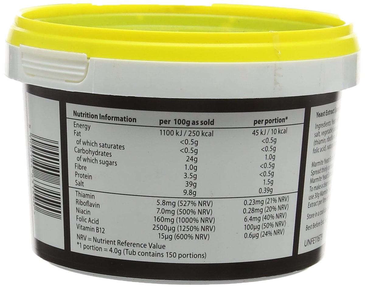 Marmite yeast extract tub 600g beside toast, ideal for quick, flavorful breakfasts.
