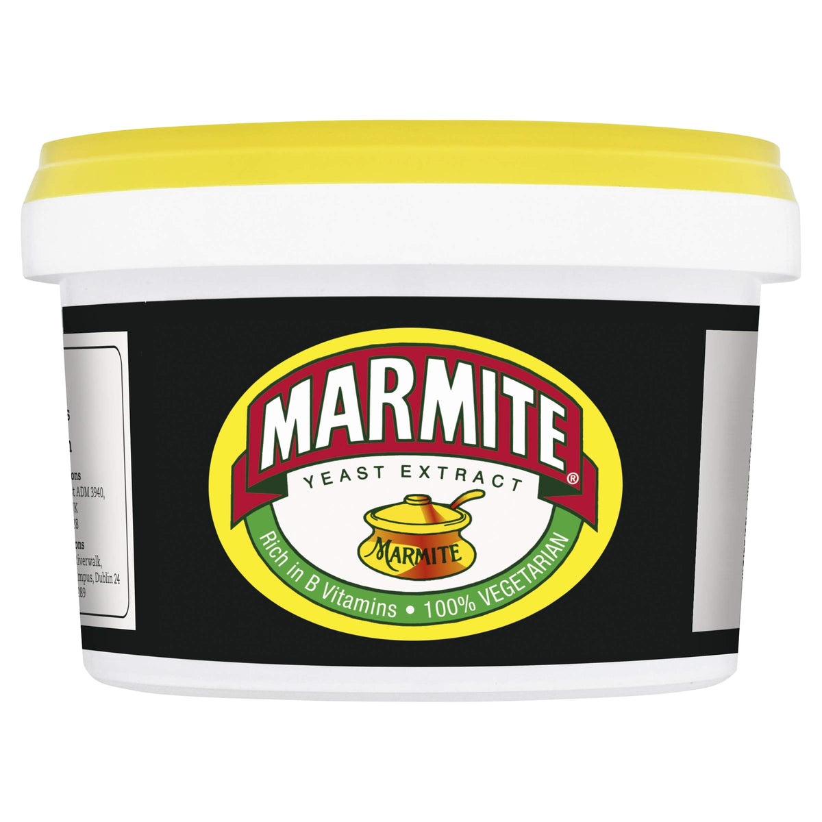Marmite yeast extract tub 600g on a kitchen shelf, enriched with B vitamins.