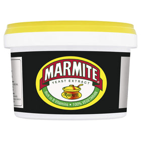 Marmite yeast extract tub 600g on a kitchen shelf, enriched with B vitamins.