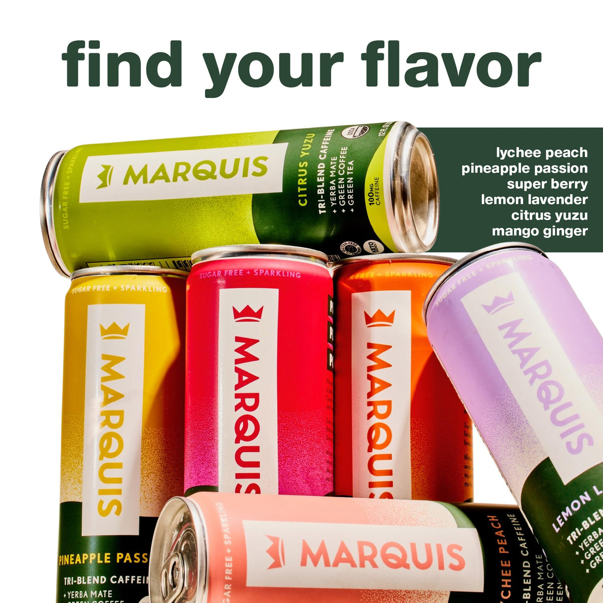 Marquis Natural Energy ingredient-panel emphasizes yerba mate, green tea, and green coffee sources