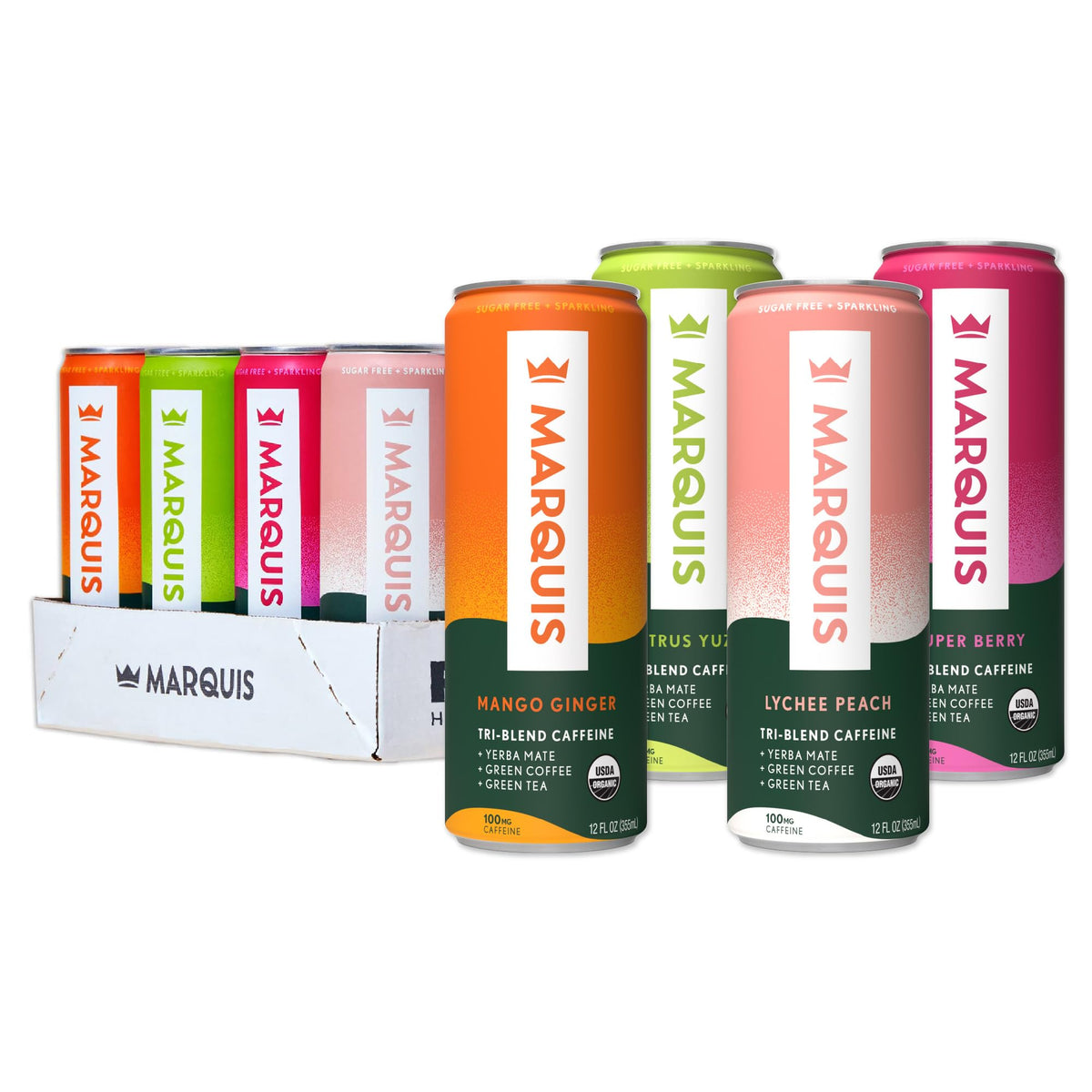 Marquis Natural Energy Drink lychee peach can for clean focus.