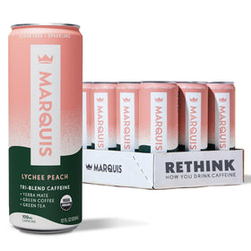 Marquis Natural Energy Lychee Peach can with zero-calorie caffeine lift.