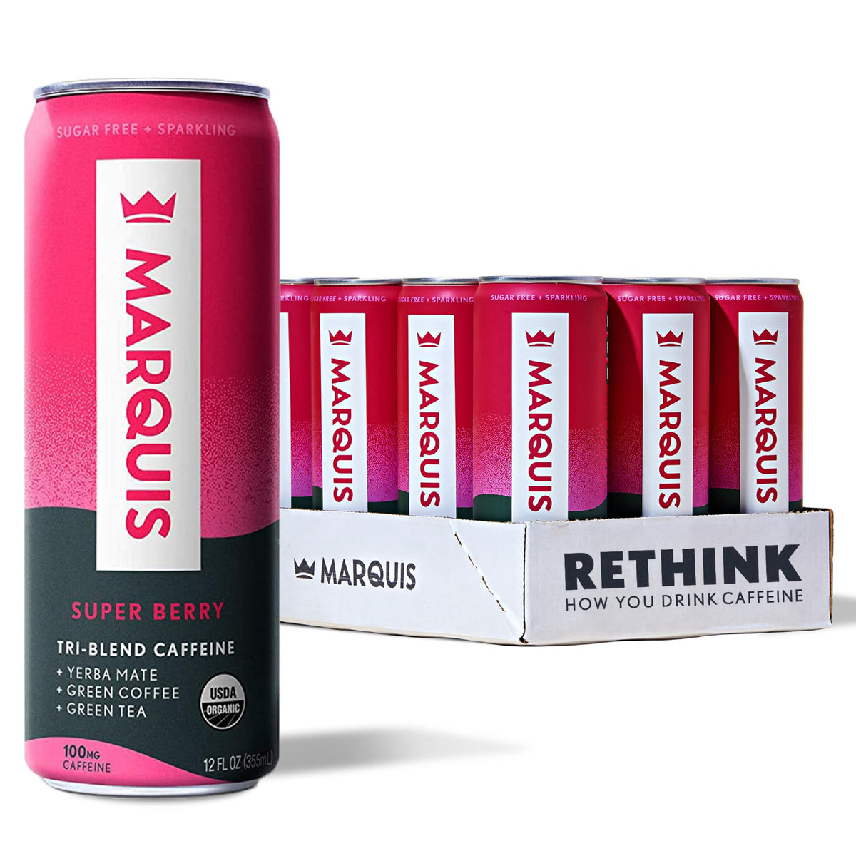 Marquis Sparkling Super Berry can for a refreshing sugar-free energy lift.