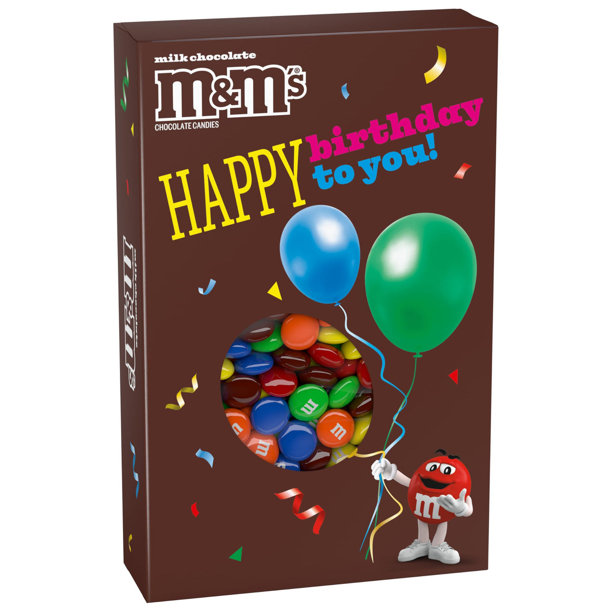 Mars M&M'S Birthday Gift Box front view with festive balloons, ideal for celebrations