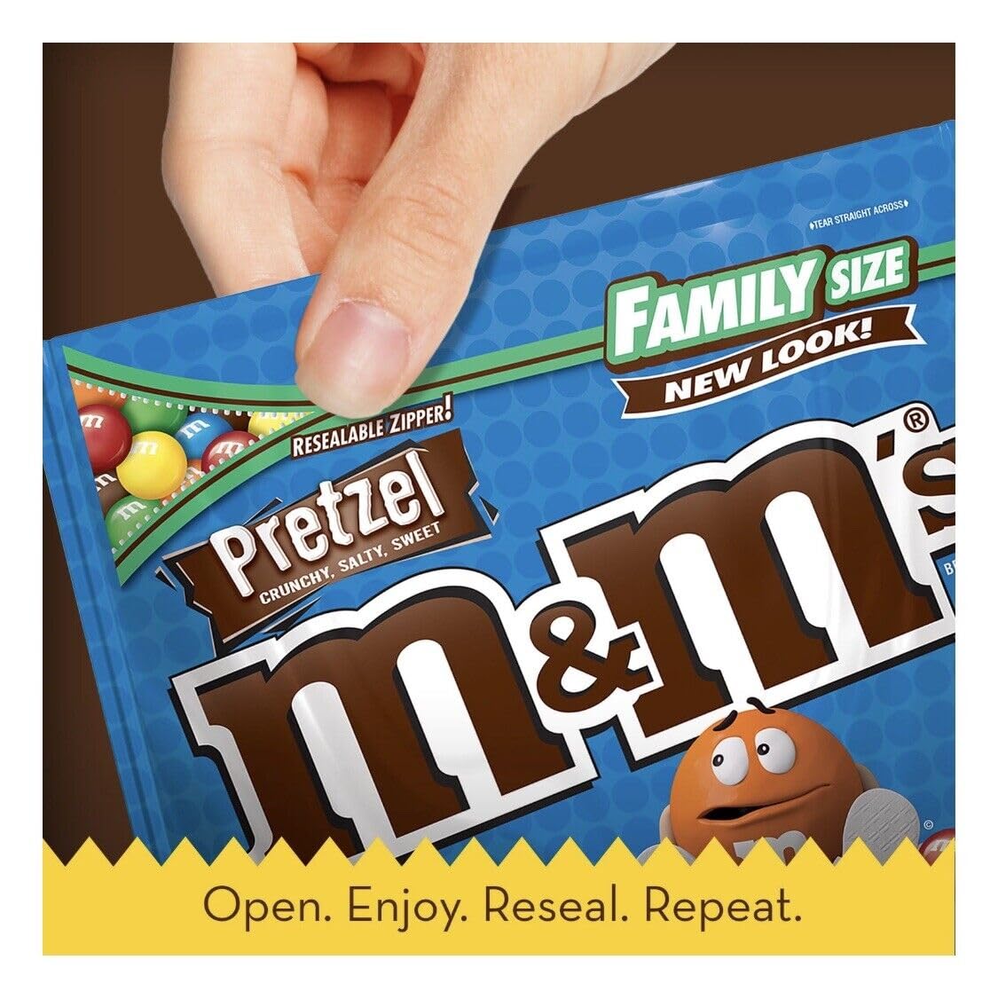 Mars M&M's Pretzel close-up highlights crunchy pretzel and creamy chocolate.