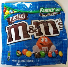 Mars M&M's Pretzel packaging shown on a shelf for convenient snacking.