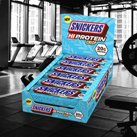 Mars Snickers HiProtein Crisp bar close-up highlighting crunchy texture.
